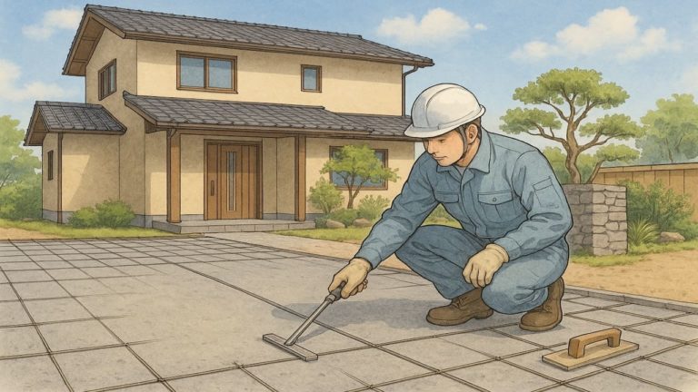 土間コンクリートのひび割れ防止をする職人