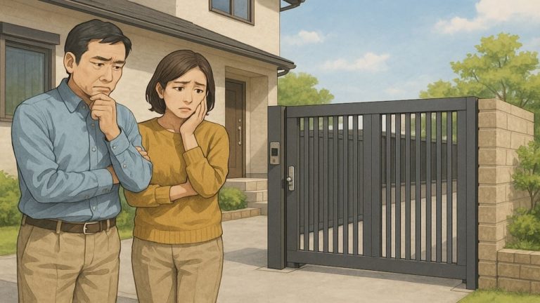 外構の電動門扉の費用に悩む夫婦