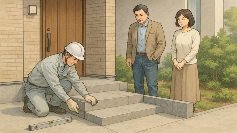 外構の玄関階段を高さ調整する職人