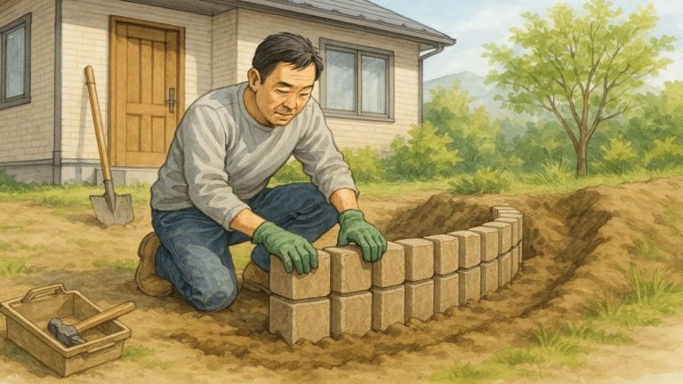 外構の土留めをDIYする男性