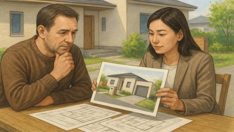 外構デザインの3Dパースを見る男性