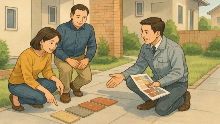 外構アプローチの色を確認する夫婦