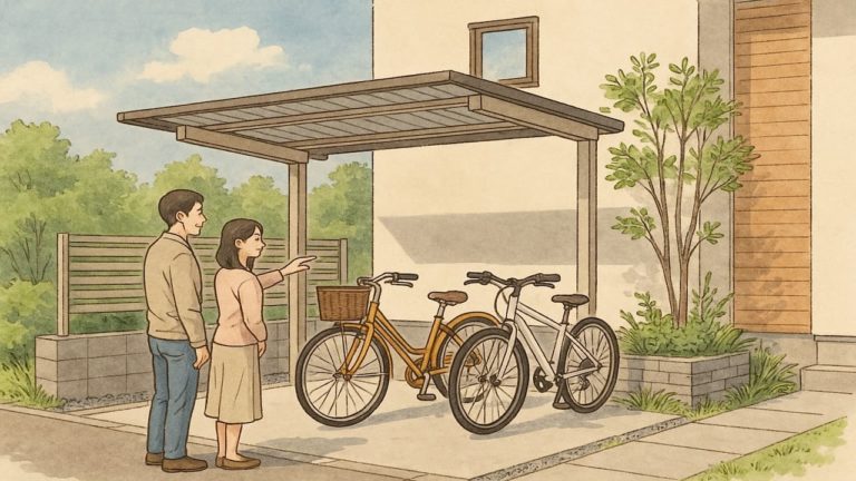 外構の自転車置き場のアイデアを考える夫婦