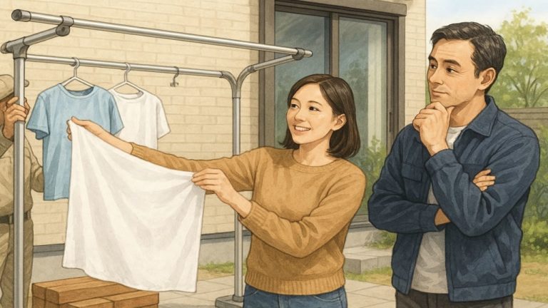 外構の物干し場にいる夫婦