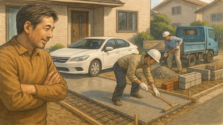 外構工事中に自家用車を庭に置く