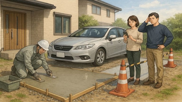 外構工事中の駐車場に悩む夫婦