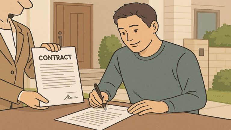 外構の契約書にサインする男性