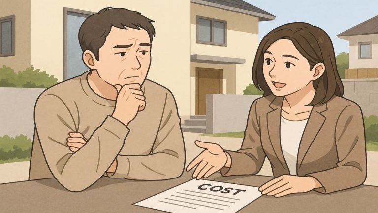 外構工事を安くしたい男性と業者の話し合い