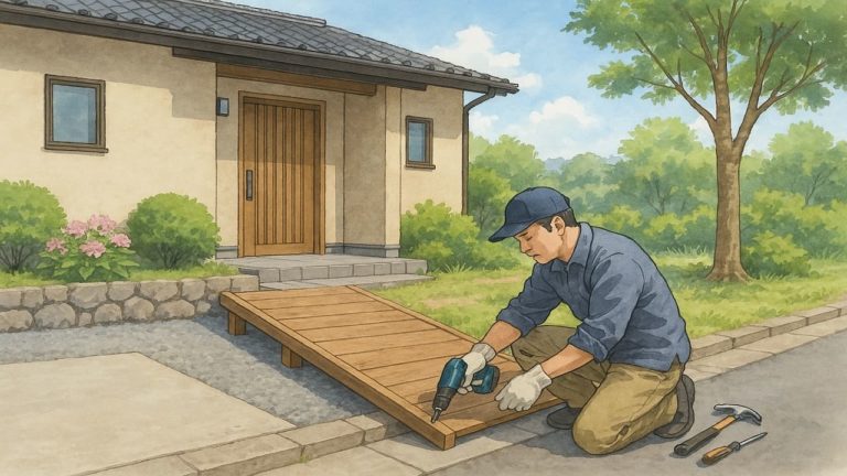 外構のDIYスロープ設置をする男性