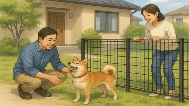 犬のために外構にフェンスを設置する夫婦