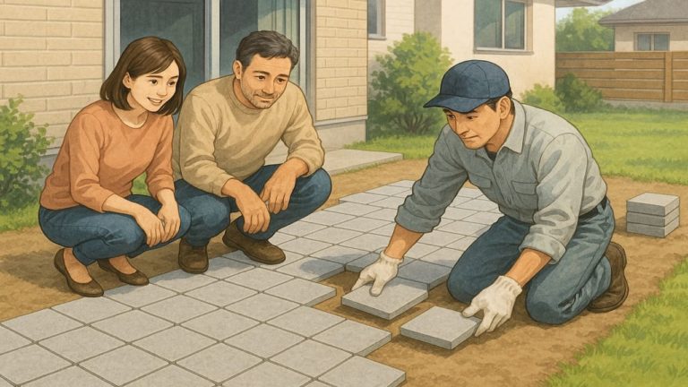 外構に置くだけタイルを施工する職人