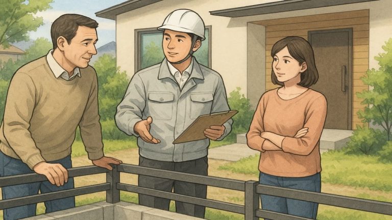 低い外構フェンスを確認する夫婦