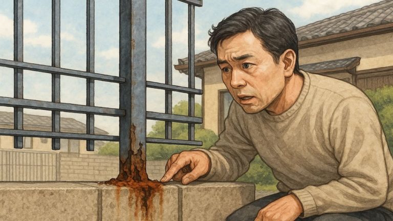 外構フェンスの支柱が劣化したのに悩む男性