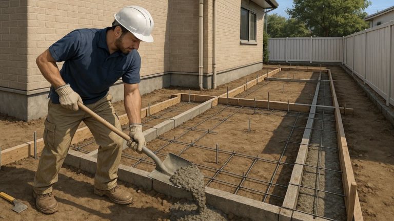 外構の基礎工事をしてる職人