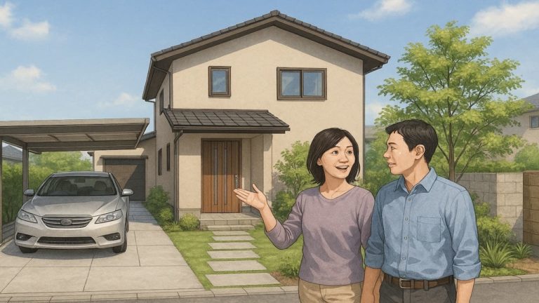 外構の車庫と玄関の動線計画をたてる夫婦