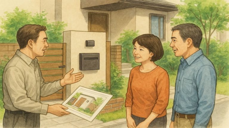 外構の門柱デザインに悩む夫婦