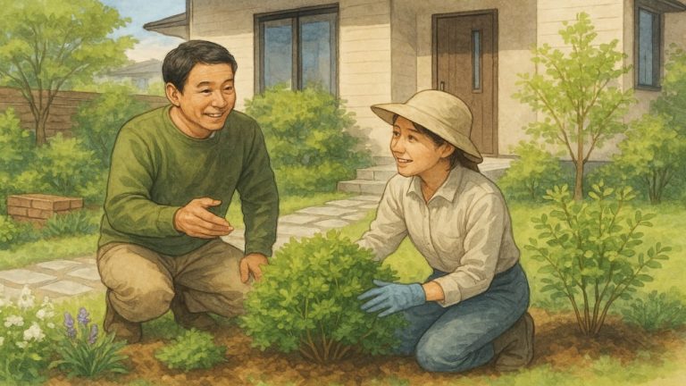 外構の緑化を検討している夫婦