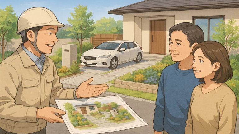 外構工事のイメージパースを見る夫婦