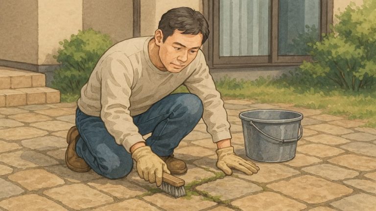 外構の石張り目地の掃除をする男性