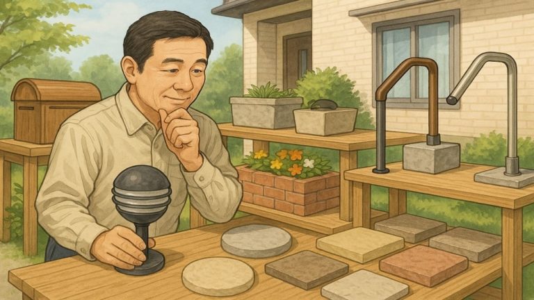 いろんな外構アイテムを見る男性