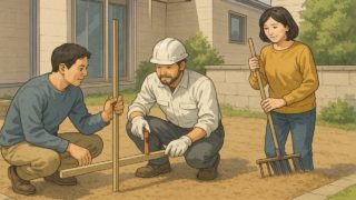 外構のレベルを確認する男性と職人