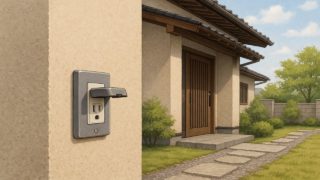 外構にコンセントは必要?照明・電源まわりで後悔しないために 外構照明のコンセントが家の外壁にある画像