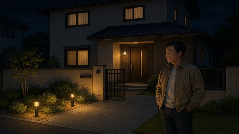 外構の夜間ライトの明るさをチェックする男性