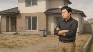 外構をしない家の前に立つ男性