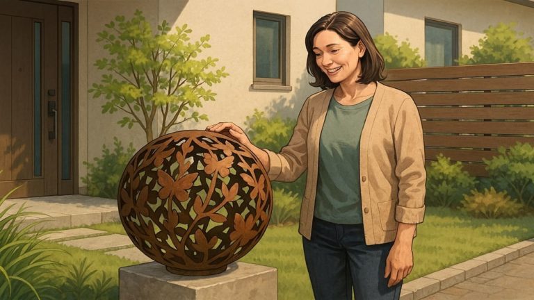 外構にオブジェを飾る女性