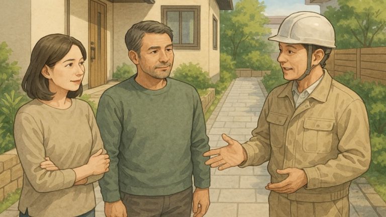 外構の通路について相談する夫婦