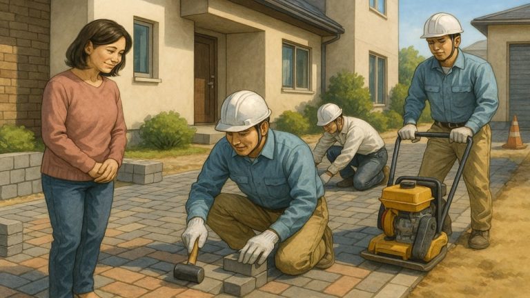 外構の舗装工事をやる職人たち