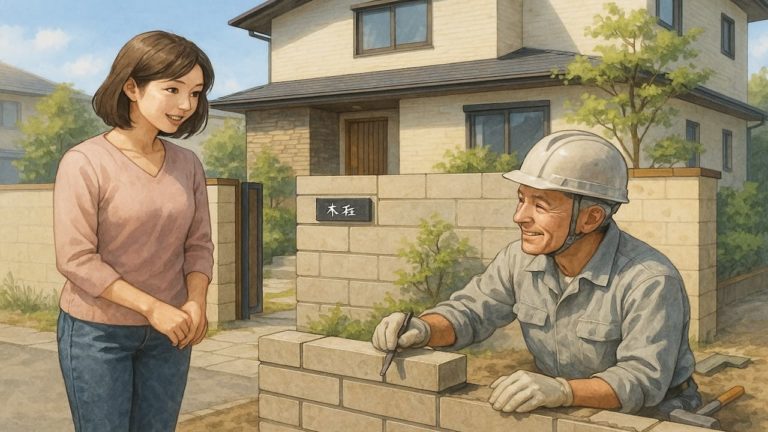 外構のリフォームでブロック塀を施工する職人