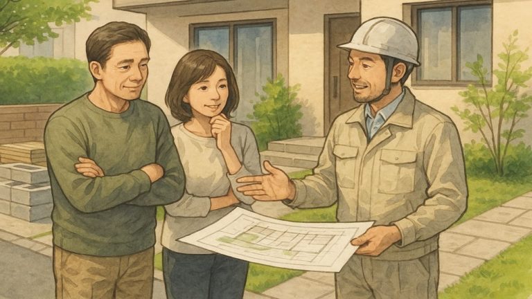 外構のリフォーム業者と打ち合わせする夫婦