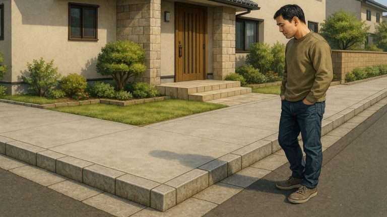 外構の道路境界の見切り材に悩む男性
