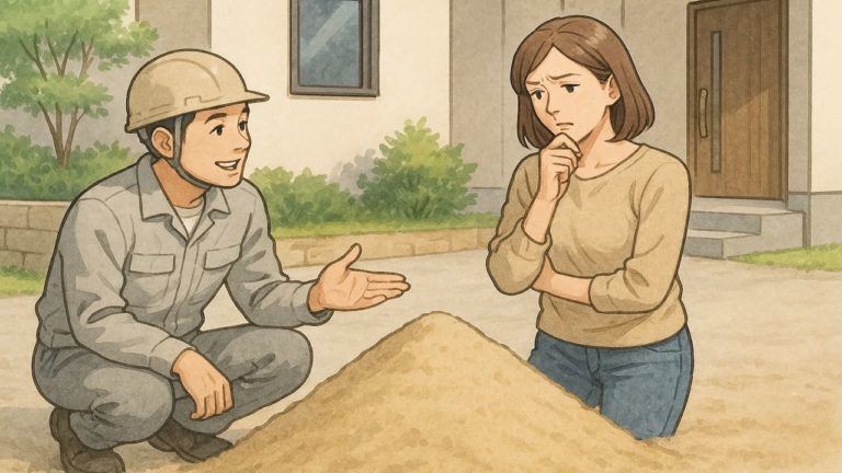 外構に使う砂を観察する女性