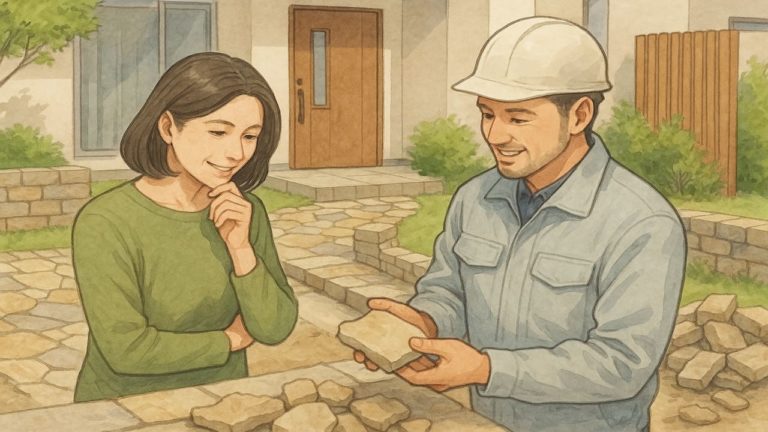 外構ストーンのサンプルを確認する夫婦