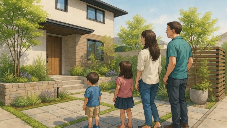 おしゃれな外構に満足げな家族