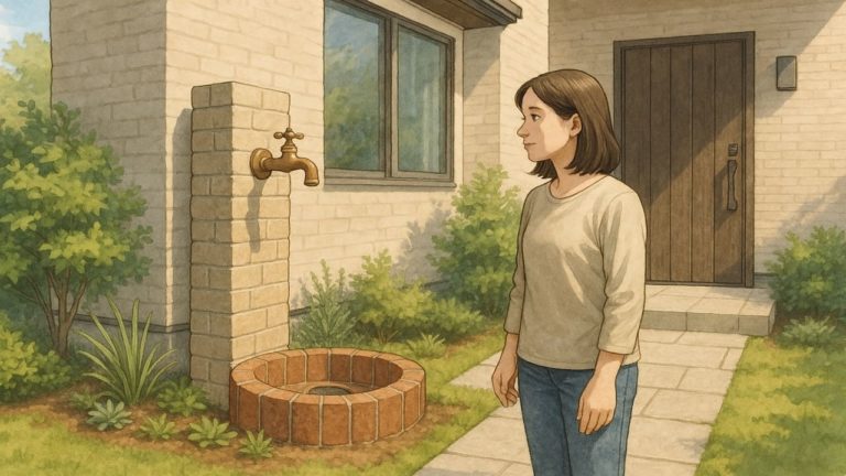 外構のおしゃれな立水栓に悩む女性