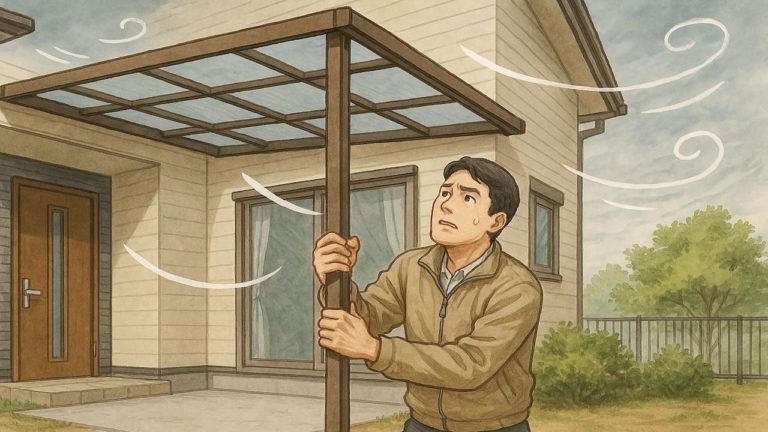 外構に施工したテラス屋根の風邪対策に悩む男性