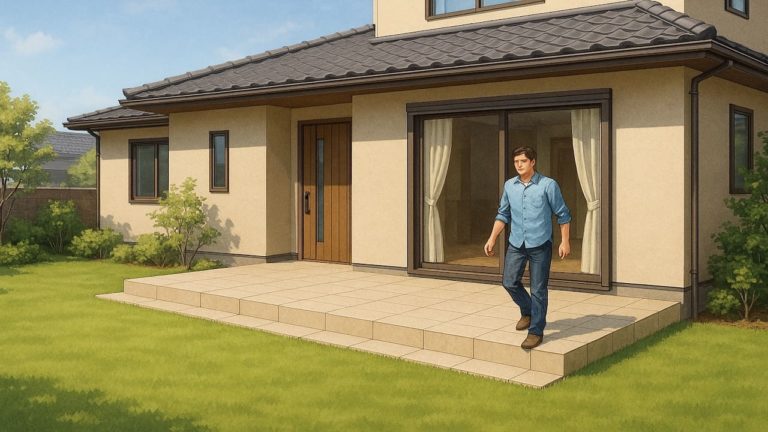 外構でタイルデッキと芝生の組み合わせた画像