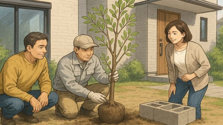 外構に植える木を植栽する職人