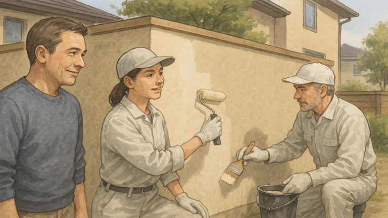 外構壁の塗装をしている職人