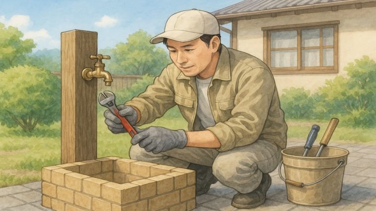 外構の水場をDIYする男性