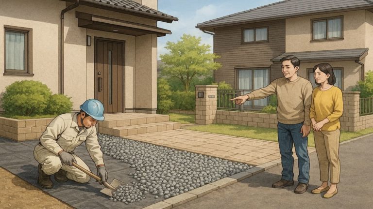 外構に防草シートと砂利を併用した画像