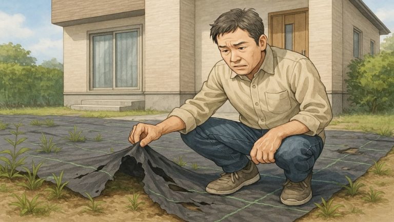 外構に使う防草シートの寿命に悩む男性