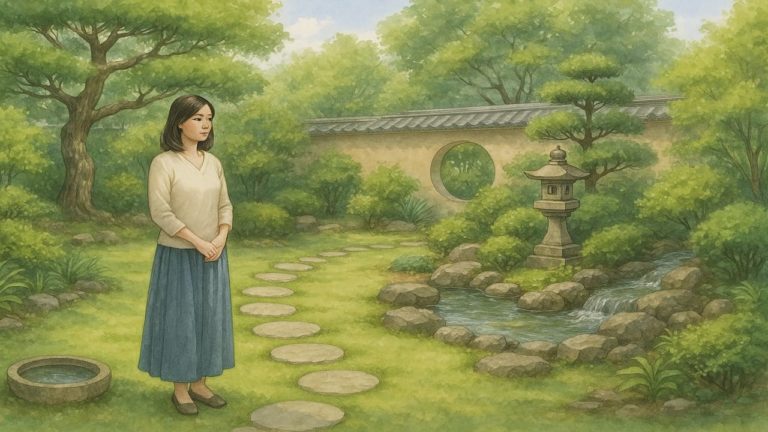 庭の風水を考える女性