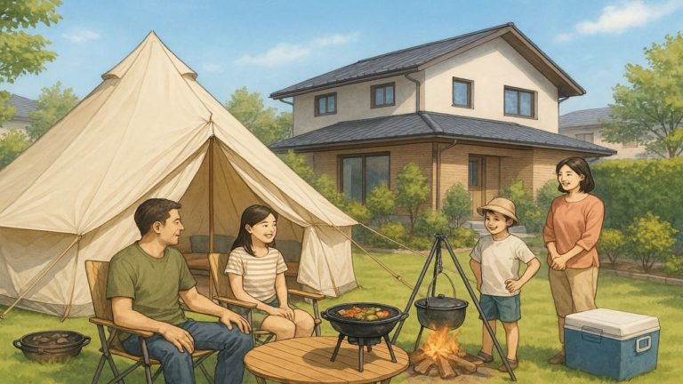 庭でグランピングを楽しむ家族