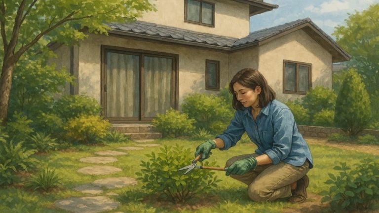 庭の手入れをする女性