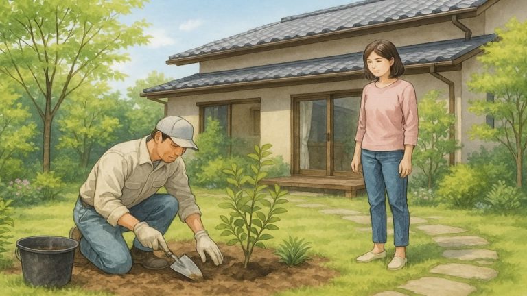 庭づくりをする職人と見守る女性