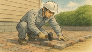 インターロッキングの耐久性を調べる職人